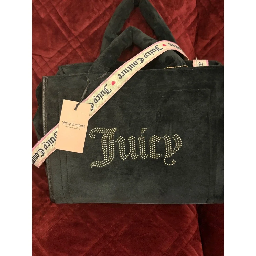 Juicy Couture Liquorice Extra‎ Spender Tote Bag Black Velour Rhinestone NWT